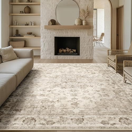 WondRg 9x12 Neutral Area Rug Beige Vintage Living Room Bedroom Washable Carpet Non-Slip Soft Low Pile Floral Indoor Large Throw Rug for Dining Room Office
