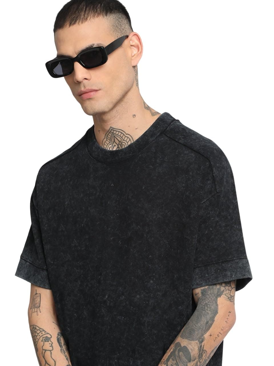 THE BEAR HOUSE Men Black Self Design Oversized Round Neck T-Shirt