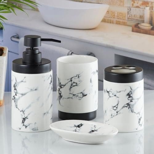 SaSaSa Ceramic Bathroom Accessories Set of 4 Modern Bath Set with Soap Dispenser & Toothbrush Holder, Luxury Home & Gift Idea, White/Black (9598)
