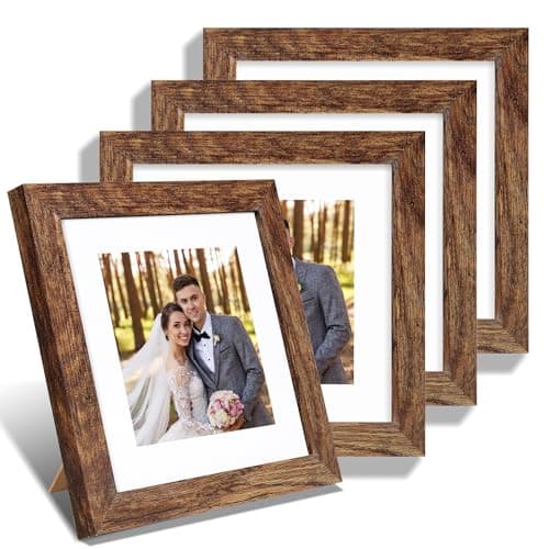 Hongkee 8x8 Picture Frames Set of 4, Made of Glass and Rustic Brown Wooden Frame - Display Picture 6x6 with Mat or 8 x 8 Without Mat, 8 by 8 Photo for Wall or Tabletop