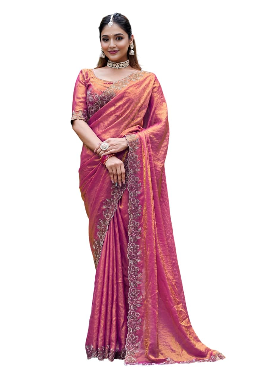 SHYAMLATA Women's Latest Heavy Siroaski Work Soft fendy Sarees For Women Wedding Bridal Bollywood Saree (pink01)