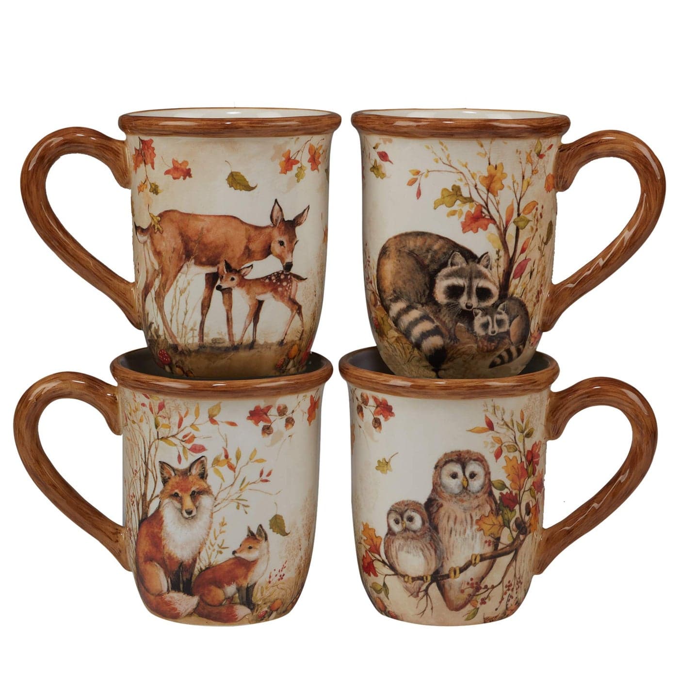 Pine Forest 16 oz Woodland Ceramic Mugs Set of 4 Autumn Wildlife Coffee Cups with Fox Owl Deer Raccoon Great for Hot Chocolate Tea Pumpkin Spice Fall Gifts and Cozy Cabin Vibes