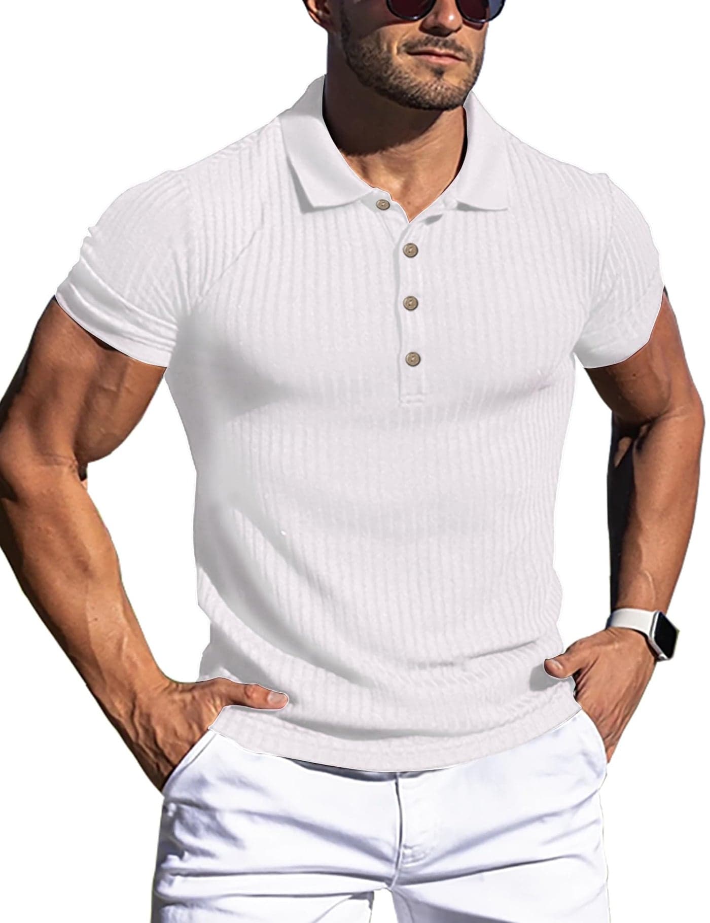 URRU Men's White Polo Shirts Muscle Shirts Stretch Short Sleeve Casual Slim Fit Polo Golf Shirt (White, Medium)