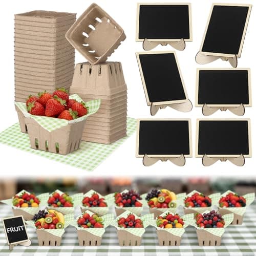 Lerheedi 24 Set Farmer Market Decoration Natural Pulp Fiber Berry Basket with Deli Paper Sheet Farm Mini Chalkboard Sign Stand Supplies for Market Strawberry Blueberry Fruit Vegetable Farmer Grocery