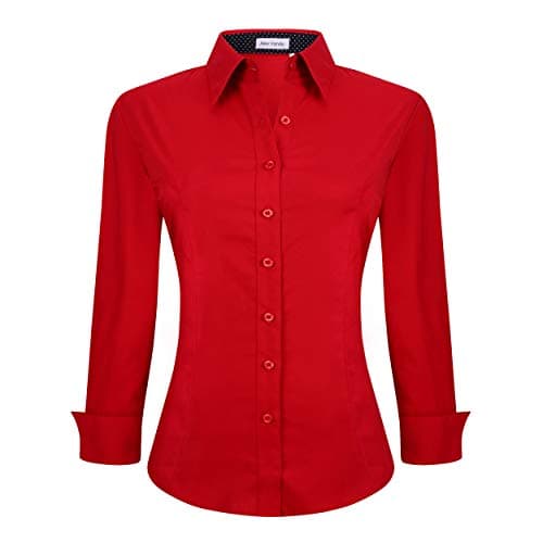 Womens Dress Shirts Wrinkle Free Regular Fit Long Sleeve Stretch Work Shirt,Red,L