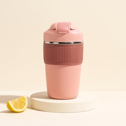YELONA Stainless Steel Macaroon 350 Ml Double Wall Insulated Travel Coffee Tumbler Mug Sipper Thermos With 2In1 Flip Up Inbuilt Straw And Sip Lid, Leak Proof (Rough Powder)
