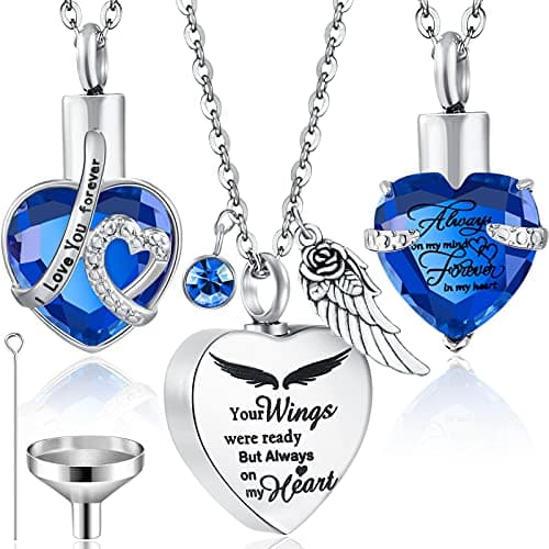 Jadive 3 Pcs Urn Necklace Cremation Heart Ashes Jewelry for Women Ocean Crystal Necklace Summer Waterproof Memorial Pendant Stainless Steel Keepsake with Angel Wing 12 Birthstones Filling Kit
