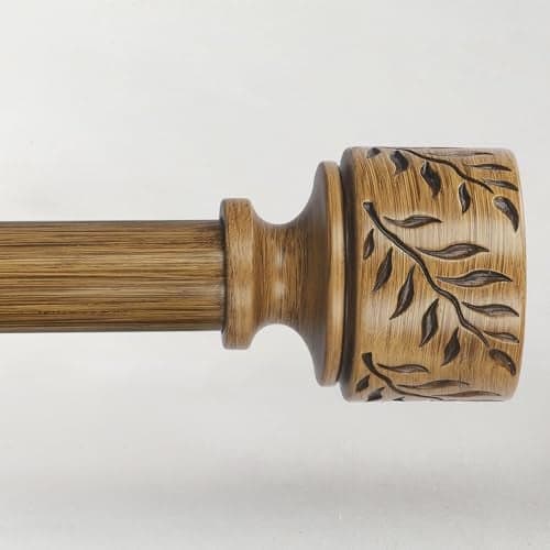 Boho Wood Curtain Rods for Windows 48 to 84 Inch, 1" Adjustable Heavy Duty Curtain Rod with Imitation Wooden Grain Leaf Pattern Finials, Rustic Decorative Drapery Rods, Size 32"-90", Dark Wood