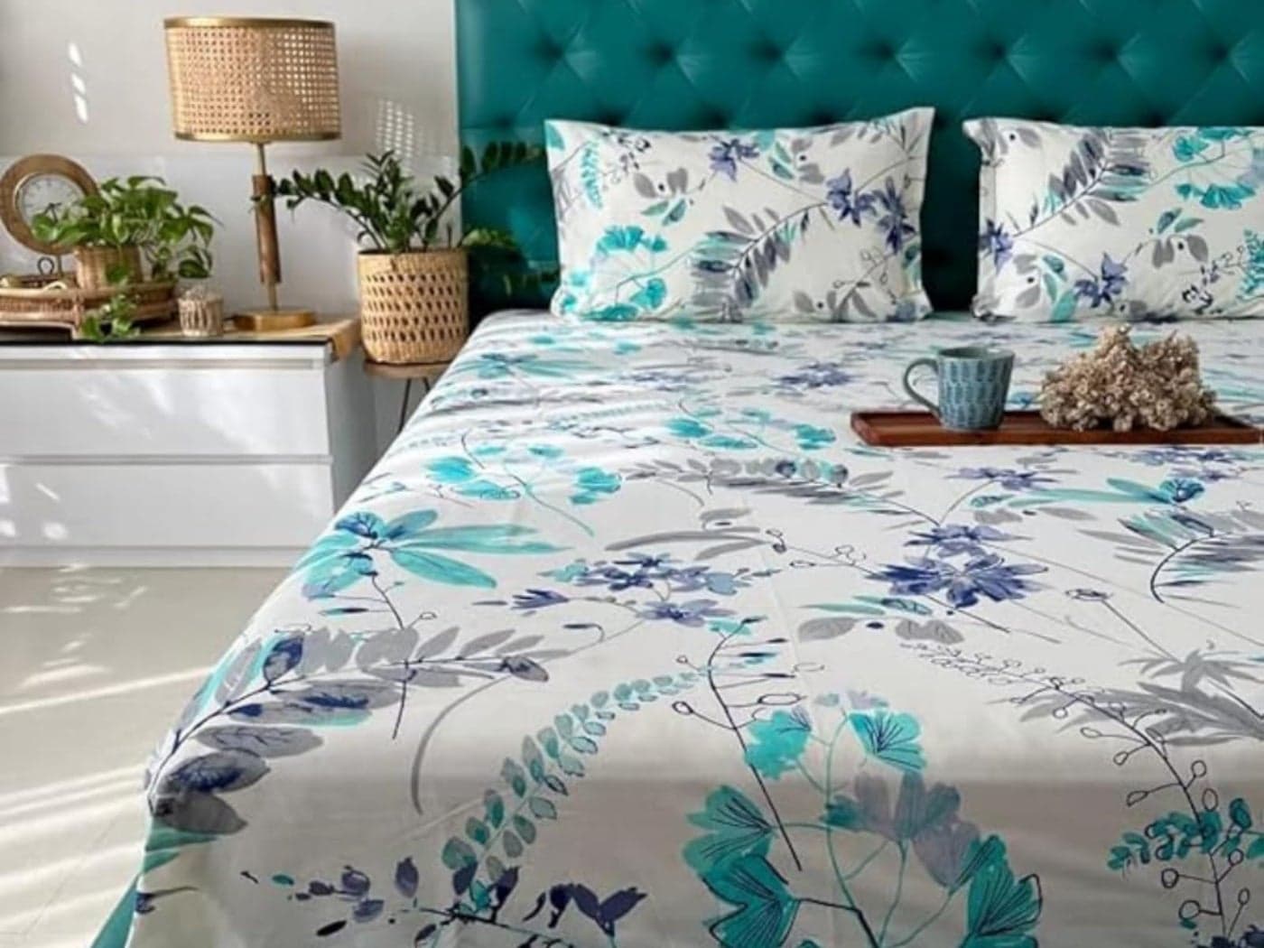 COSYHUGS Floral Print Double Bed Queen Size Bedsheet (Green)| Set of 1 (3 Piece) | Two Pillow Covers | 144 TC | 100% Cotton | 90x100 Inches| Soft Cozy Breathable | All Season | Easy Care | Lightweight