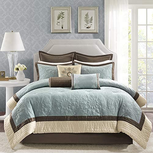 Madison Park Cozy Comforter Set Casual Modern Design All Season Matching Bed Skirt Decorative Pillows Queen92x96 Blue 9 Piece MP10458