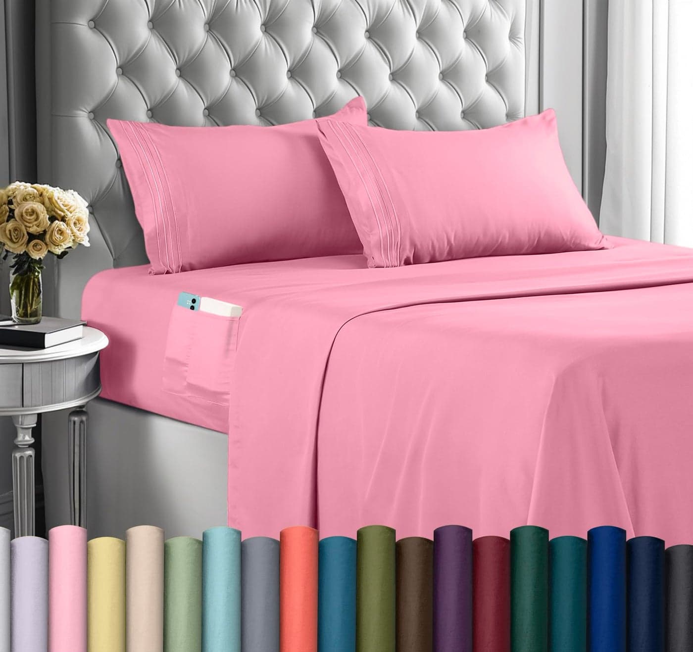 Utopia Bedding Queen Sheet Set Soft Microfiber 4 Piece Hotel Luxury Bed Sheets for Women Men Kids Teens with Side Storage Deep Pocket Fitted Sheet Pillow Cases Flat Sheet Pink