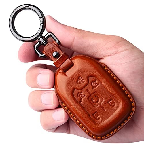 Tukellen Compatible with Chevrolet Leather Key Fob Cover with Keychain,fit 2015-2020 Tahoe Suburban GMC Yukon Smart Remote Key Shell, Genuine Leather for Chevy Key case(6 Buttons)-Brown