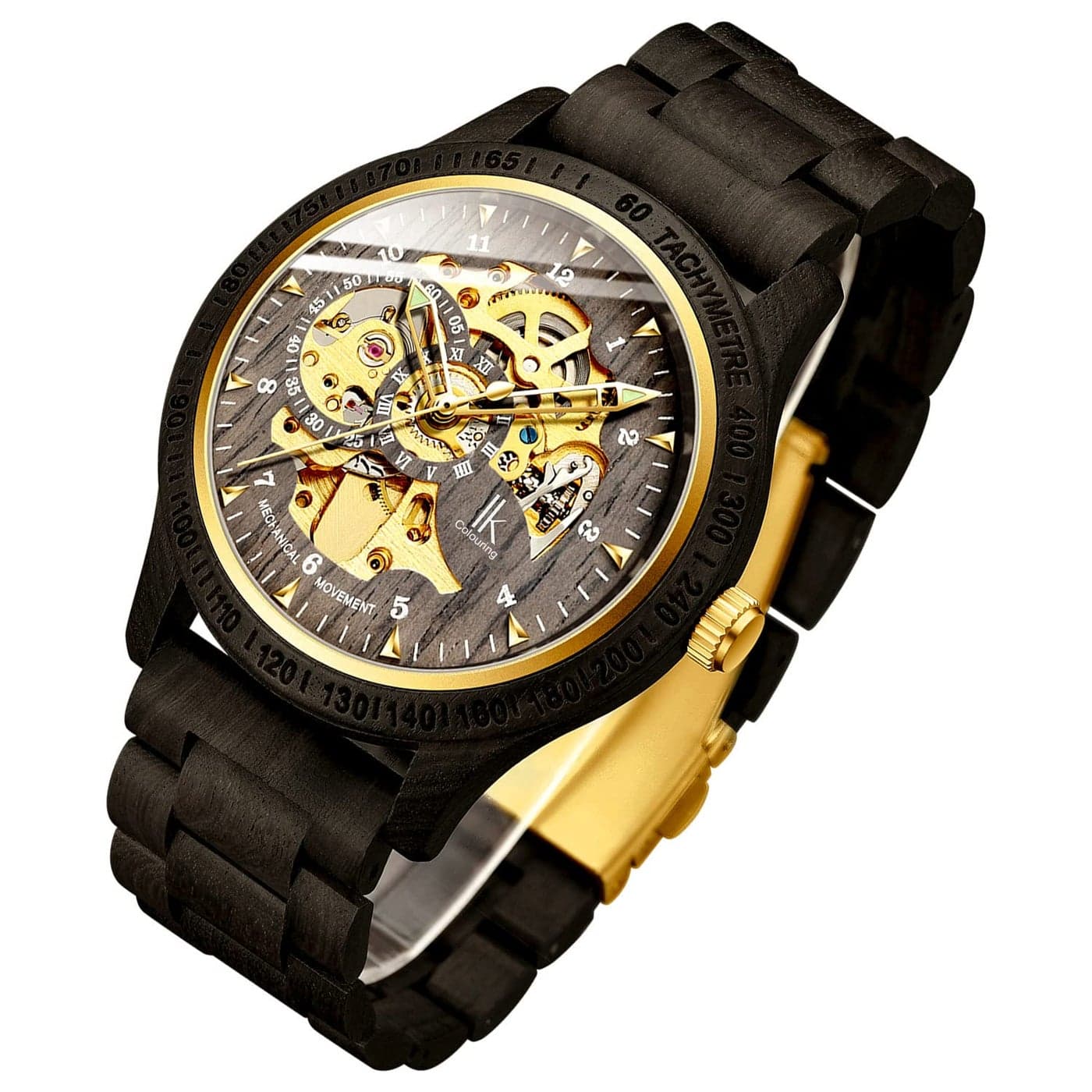 IK COLOURING Men's Watches Luxury Mechanical Wooden Case Skeleton Lumious Automatic Self-Winding Lightweight Genuine Leather Bracelet/Wood Band Wrist Watch