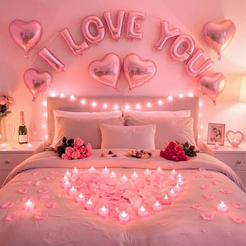 Seematn Pink Valentines Day Balloons Kit with 16 Inch I Love You Letter Banner 6 Pcs18 Inch Heart Balloons 24 Pcs Flameless Candles 2000 Pcs Fake Rose Petals for Galentines Party Bridal Shower Decor