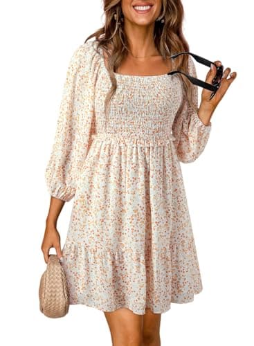 Dokotoo Womens Dresses 2025 Early Fall Fashion Vintage Boho Floral 3/4 Sleeve Square Neck Smocked A-Line Flowy Swing Babydoll Mini Sun Cute Dress Western Outfit Sundress Beach Vacation Beige Medium