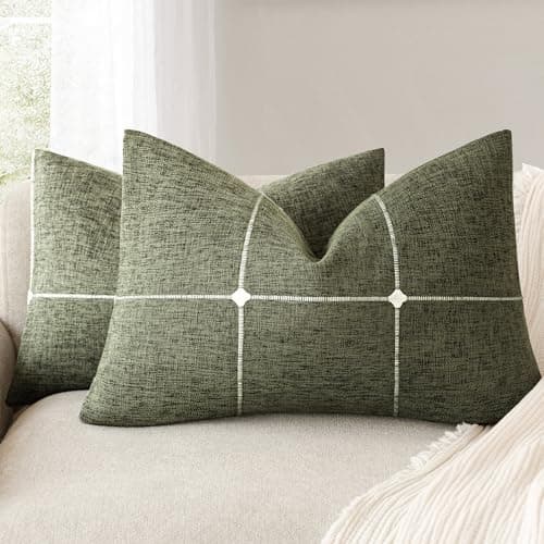 Foindtower Pack of 2 Decorative Faux Linen Jacquard Check Throw Pillow Covers Farmhouse Lumbar Cushion Cover with Grid Textured Pillowcase for Couch Sofa Living Room Home Decor,12×20 Inch,Olive Green