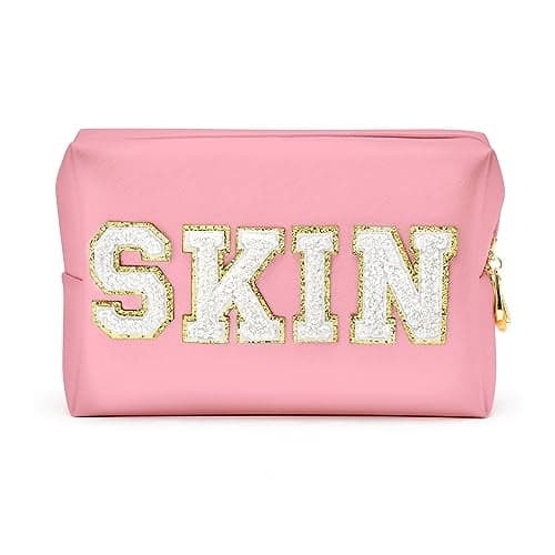 Y1tvei Preppy Patch SKIN White Letter Pink Cosmetic Toiletry Bag PU Leather Portable Makeup Bag Daily Use Storage Pouch Toiletry Purse Waterproof Organizer for Travel Varsity Women Girls Teens(Pink)