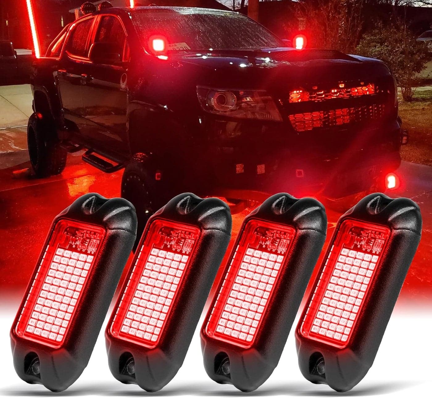 Nicoko 4Pods Pure Red LED Rock Lights - 72 pcs High Power Neon Underglow Light for Cars, Trucks, ATV, UTV, SUV, and Boats - IP68 Waterproof