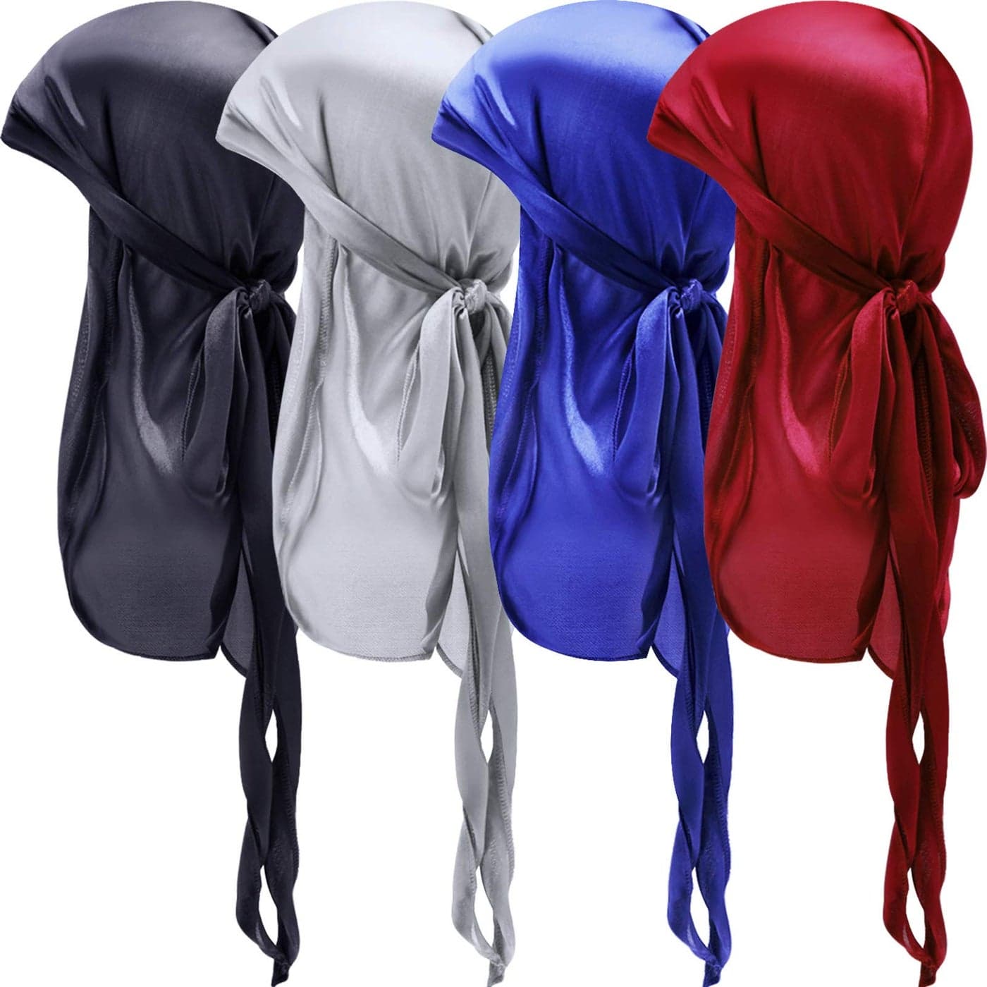 4 Pieces Baby Silky Durags with Long Tail and Wide Straps Kids Satin Durag Caps Child Headwraps for 360 Waves Black Red Royal Blue Silver