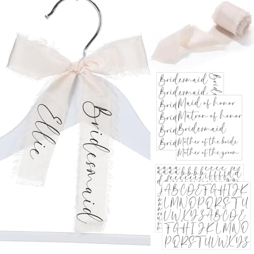 Reallnaive 7 Pcs Bridesmaid Hanger Ribbon Personalized Name Wedding Silk Ribbon with Heat Transfer Sticker Gifts Bridesmaid Bride Maid of Honor Stickers Letter for Wedding Bridal Shower PartyIvory