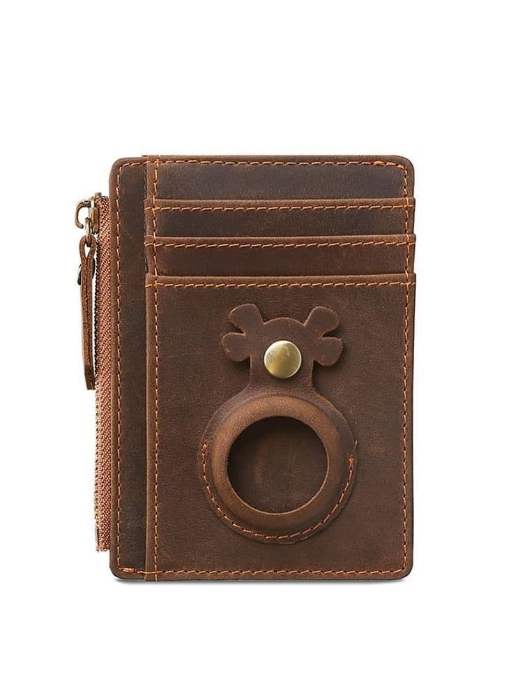 Suitable for Airtag Locator Slot Men's Card Case Wallet Holder, Leather Credit ID with Zipper to Prevent Loss, Perfect Carrying Around (Brown)