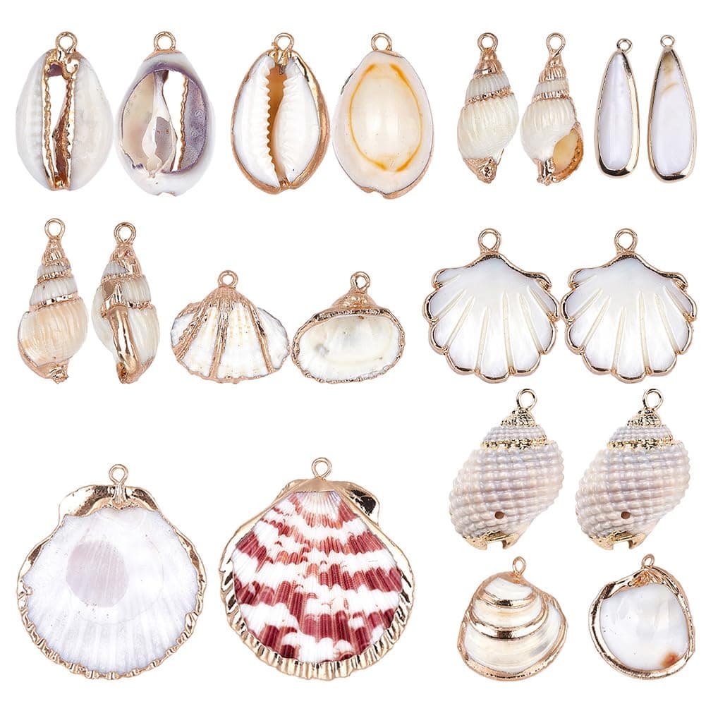 SUNNYCLUE 1 Box 20pcs 10 Styles Natural White Cowrie Seashells Charm Conch Shells Plated Charms Summer Ocean Sea Charm for Jewelry Making Charm Necklace Bracelet Earring Making