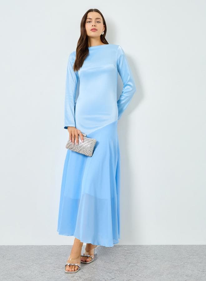 Blue Satin Boat Neck Long Sleeve Maxi Dress