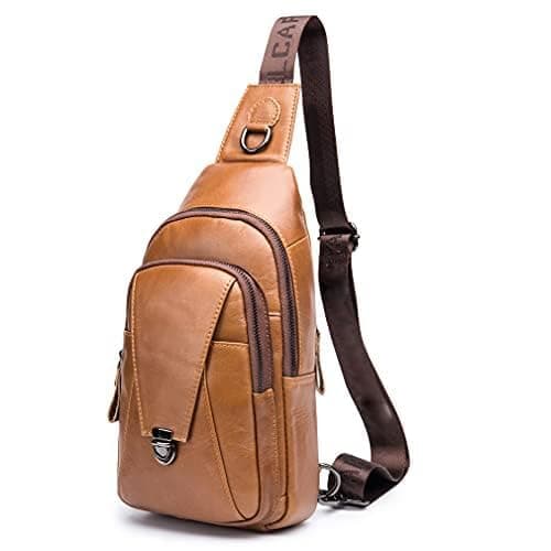 Hebetag Leather Sling Bag Crossbody Backpack for Men Women Outdoor Travel Work Shoulder Chest Pouch Camping Casual Daypack Brown 18cm(W) x8cm(D) x30cm(H)(7.08"x3.14"x11.81") approx;