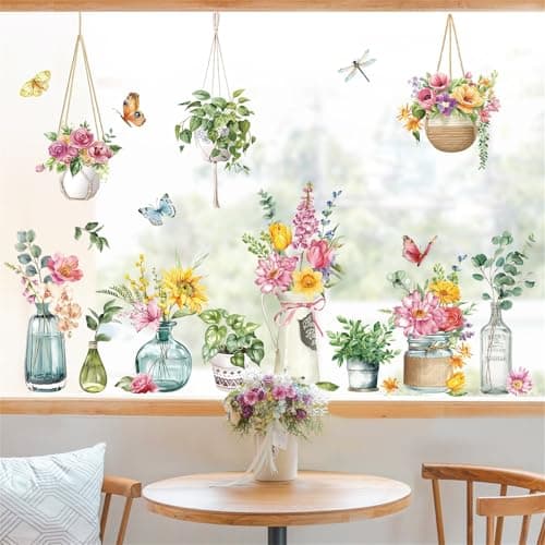 decalmile Potted Plants Window Clings Flowers Plants Easter Window Decals Anti-Collision Glass Doors Window Stickers