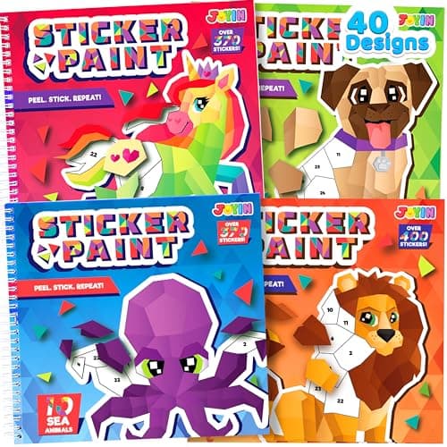 JOYIN 4Pack Crafts for Kids Sticker Paint Book Gift Party Favor Paint by Stickers Numbers for Kids Traveling Safari Unicorn Dog Sea Animals