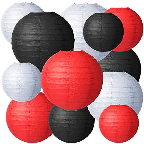 Tenare 12 Pcs Traditional Round Paper Wedding Lantern 4 Size 4, 6, 8, 10 Inch Decorative Ball Hanging Chinese Japanese Paper Lantern for Birthday Party(Black, White, Red)