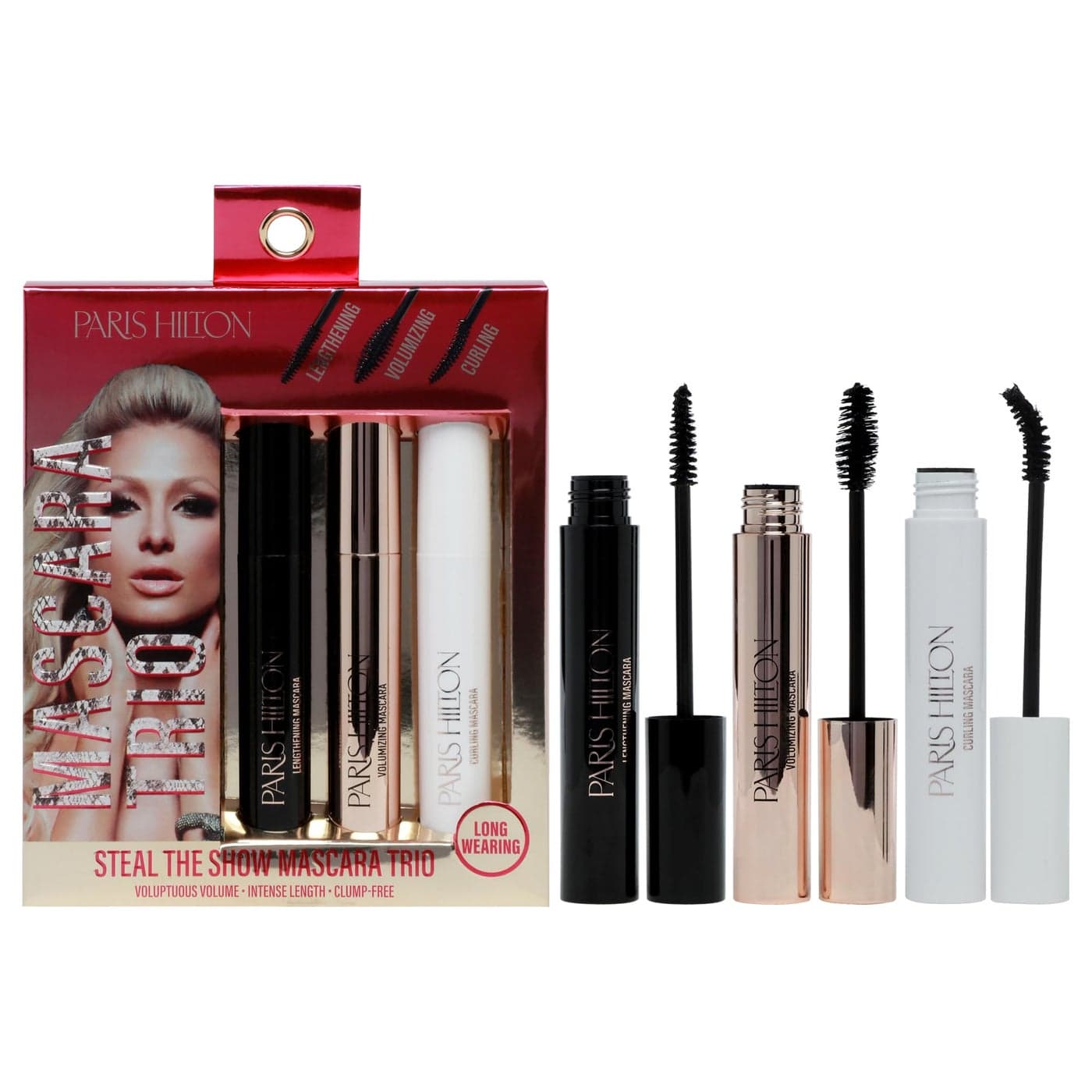 Paris Hilton Steal The Show Mascara Trio Black Waterproof Mascara Defining Lengthening Volumizing Curling Lifted Eyelashes Long Lasting Smudge Proof Clump Free Makeup Gifts for Women 3 pc