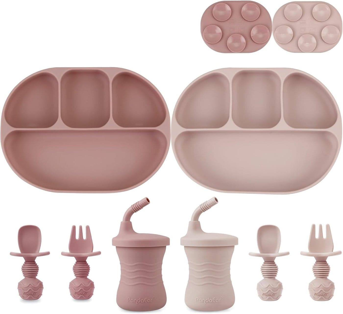 PandaEar 2 Silicone Suction Plate with 2 Tiny Sippy Cup and 2 Spoon 2 Fork for SelfFeeding Divided Toddler Plate 100 Silicone Baby Food Plate BPA Free 8 Pcs Silicone Baby Feeding Set