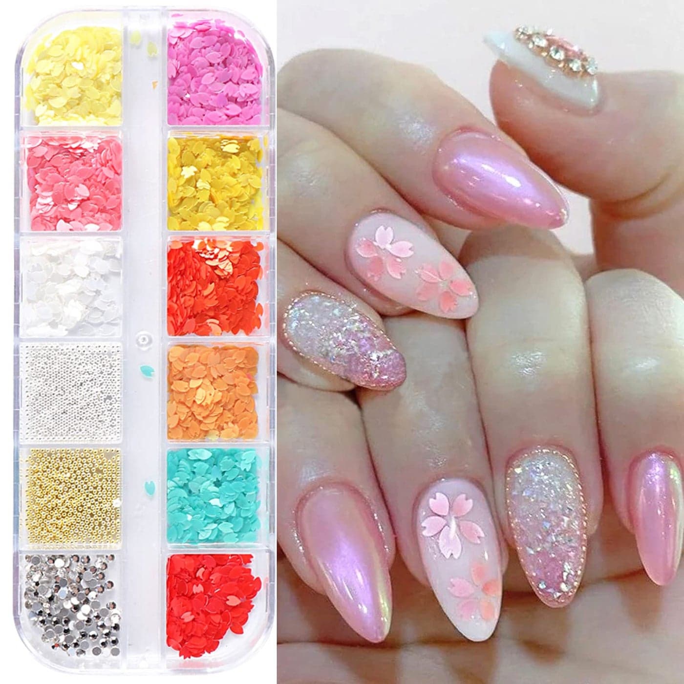 Flower Petals Glitter Nail Art Sequins Mixed Floral Nail Flakes Beads Rhinestone Nail Art Design 3D Flowers Acrylic Nails Supplies for Women Girls Manicure Charms Decorations Flower Nail Art Tips
