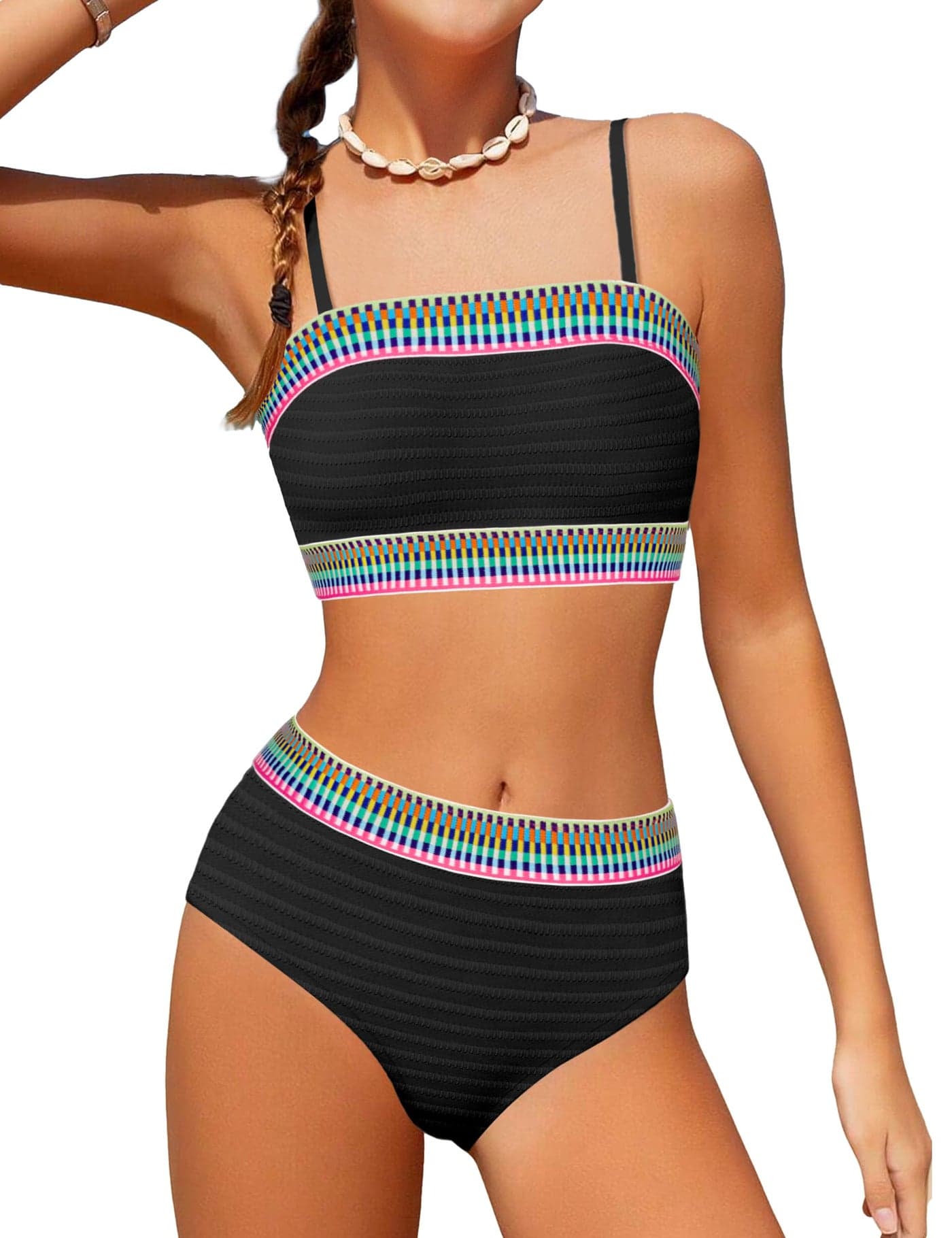 DONWEN Girl Swimsuit 13-14 Bathing Suit for Girls 12-14 Colorblock Trim Bandeau Bikini Set High Waisted Ribbed Woven Girls Two Piece Swimsuits with Padding Black