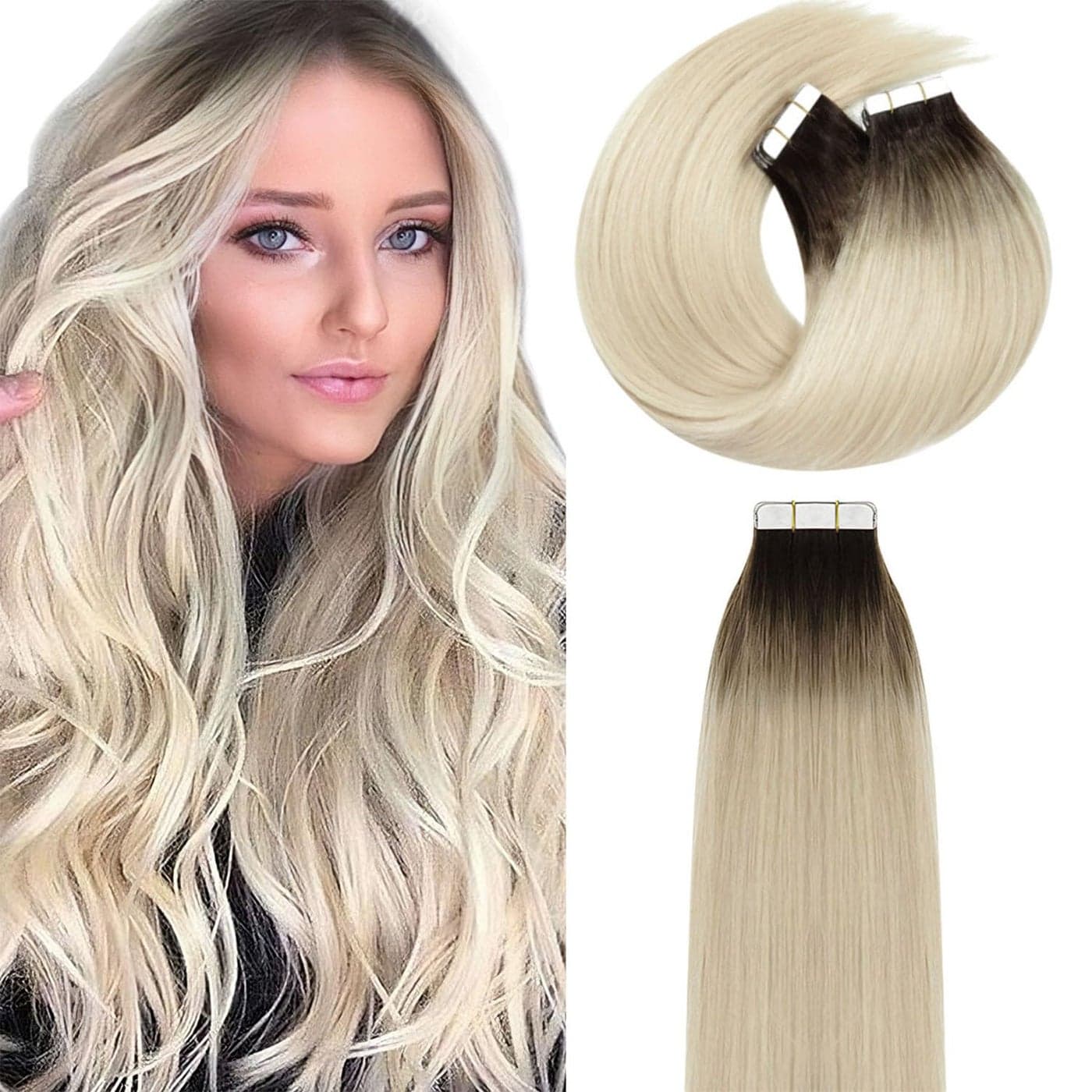 Lacer Hair Tape in Hair Extension Human Hair Balayage Platinum Blonde Hair with Darker Brown Roots Double Sided PU Weft Seamless Straight Natural Human Hair Tape in Extensions 50g 20pcs 14 Inch