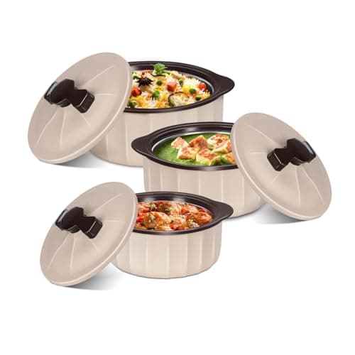 JAYPEE Micro Smart Inner Stainless Steel Serving Casserole Set of 3 (1000,1500,2000 ml) with Stylish Design |Microwave Safe |Lockable Lid |Hot Pot |BPA free, Swiss Coffee