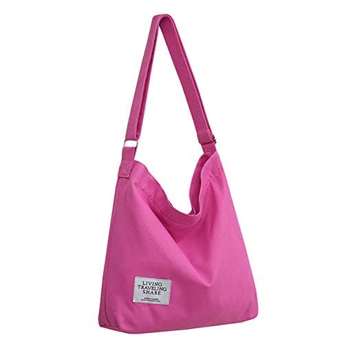 Covelin Women's Retro Large Size Canvas Shoulder Bag Hobo Crossbody Handbag Casual Tote Cerise Pink