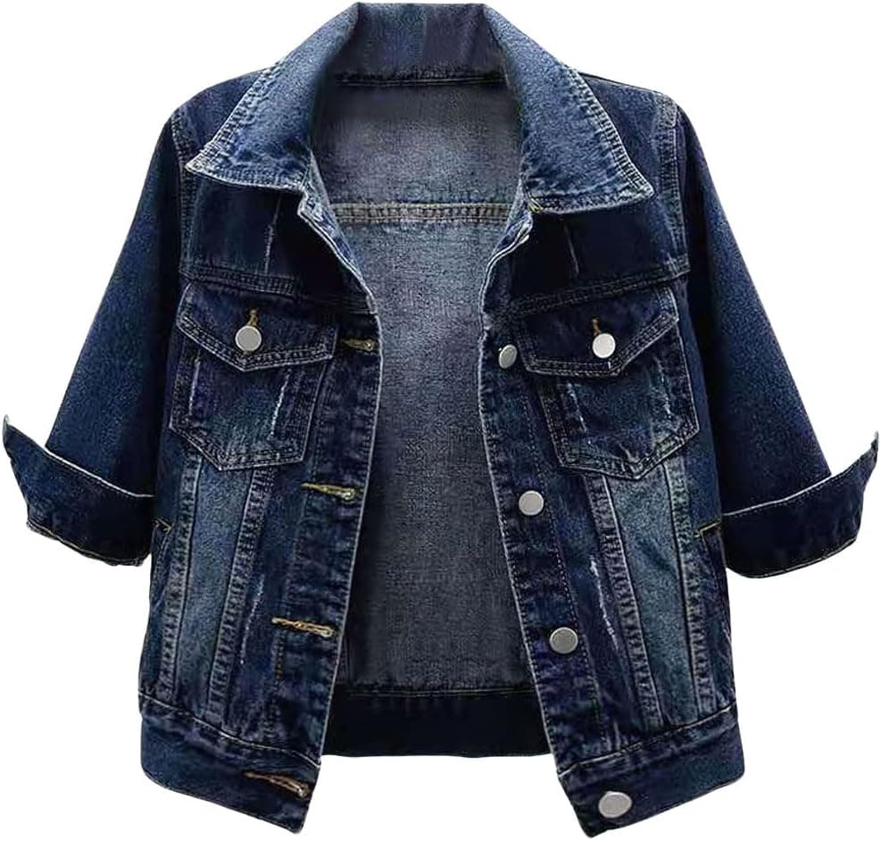 loveimgs Women's Casual 3/4 Sleeve Button Down Cropped Denim Jacket - Dark Blue, XL