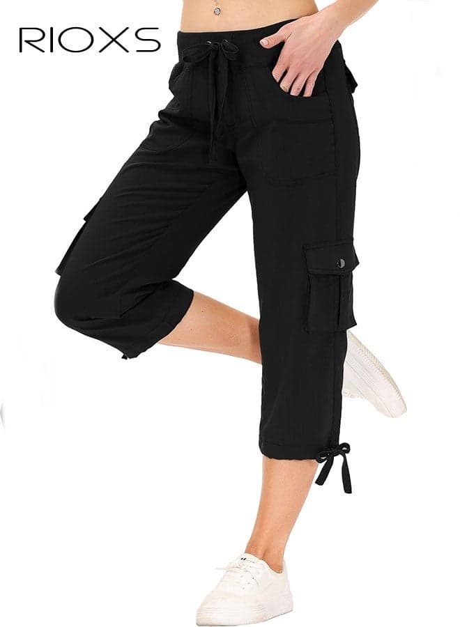 Women's Capris Cargo Pants, Wide Leg Capris Pants with Pockets, Elastic High Waisted Drawstring Sweatpants, Ladies Loose Fit Casual Capri Pants, Comfy Lightweight Pants, Outdoor Hiking Pants for Travel Athletic, Women Pants Black