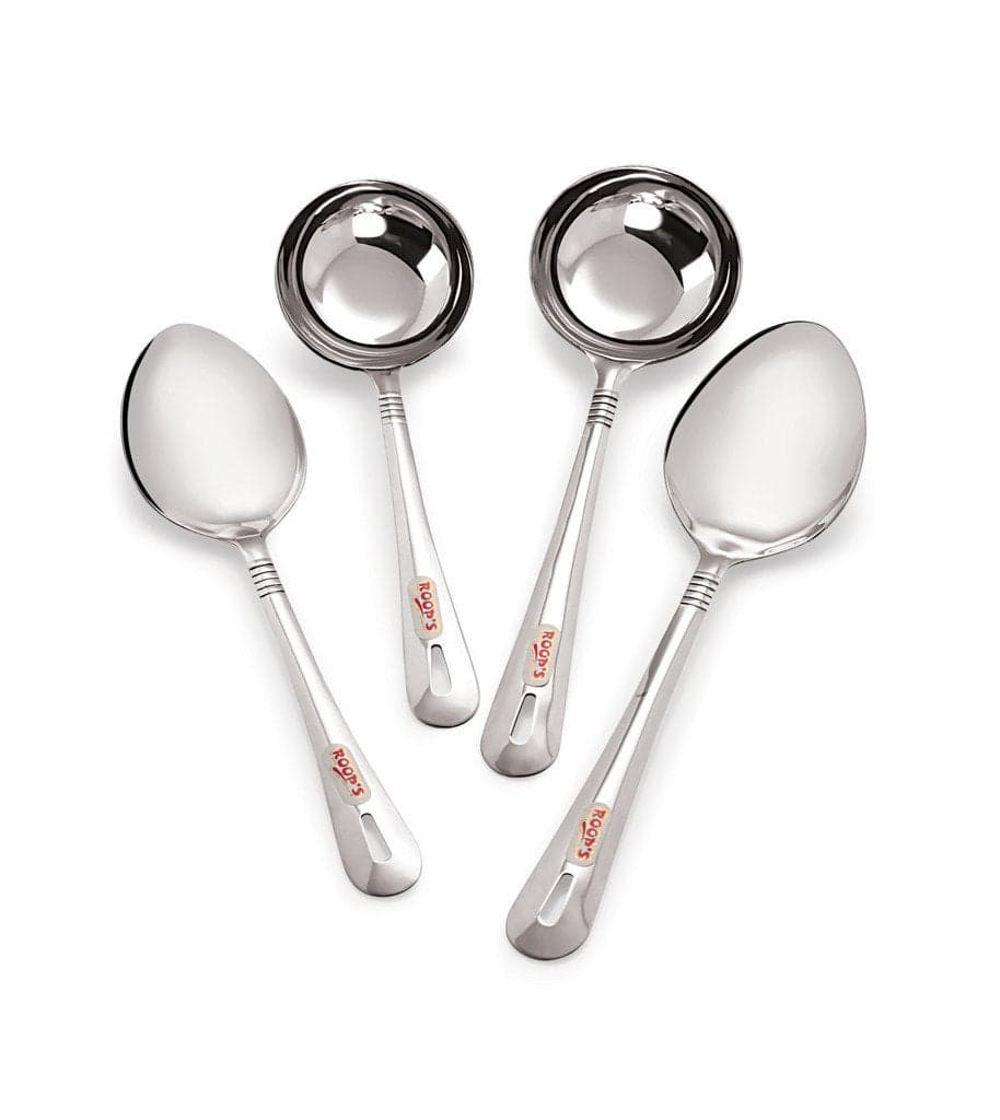 Roop's Stainless Steel Serving Spoon 4 Pieces Set Ladle (Silver)