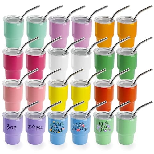 Joyclub 3 oz Mini Tumbler Shot Glass with Straw and Lid 24 Pack Colored Stainless Steel Sublimation Shot Tumblers Mini Cup for Wedding Party Whiskey Favors