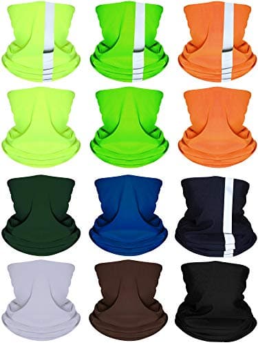 12 Pieces Balaclava Face Mask Headbands Colorful Headwear Scarf UV Protection Neck Gaiter with Reflective Tape for Women Men Outdoor Sports