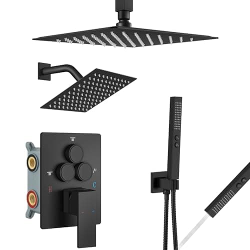 Aolemi Shower Faucet Set Ceiling Mount Shower System Roughin Valve and Shower Trim Kit 2 in 1 Handheld Spray Push Button Diverter 10 and 6 Inch Dual Shower Head Matte Black