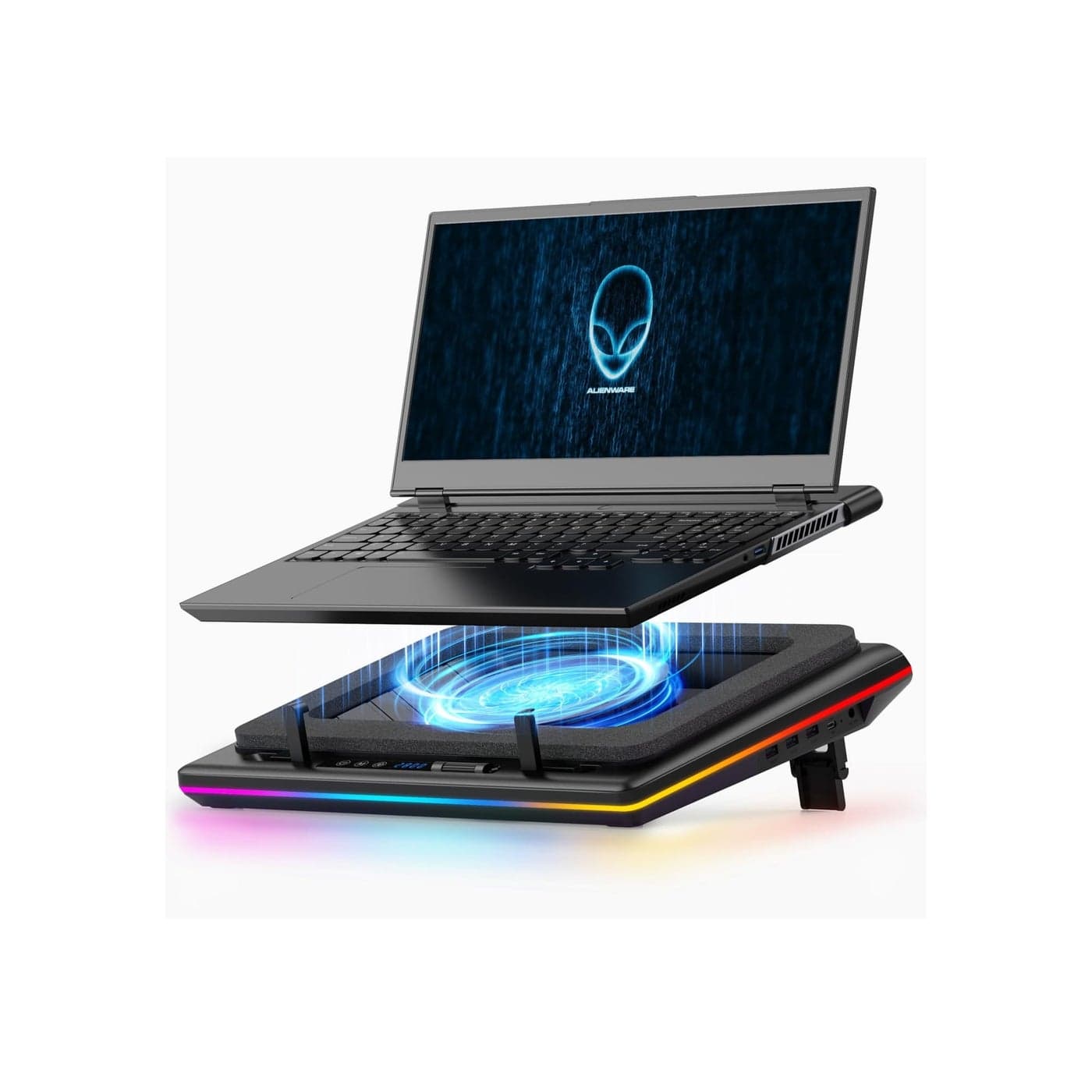 RGB Laptop Cooling Pad with Powerful Turbofan, Gaming Laptop Cooler Radiator with Infinitely Variable Speed, Touch Control, LCD Screen, 3-Port USB Hub, Seal Foam for Rapid Cooling Laptop 15-19in