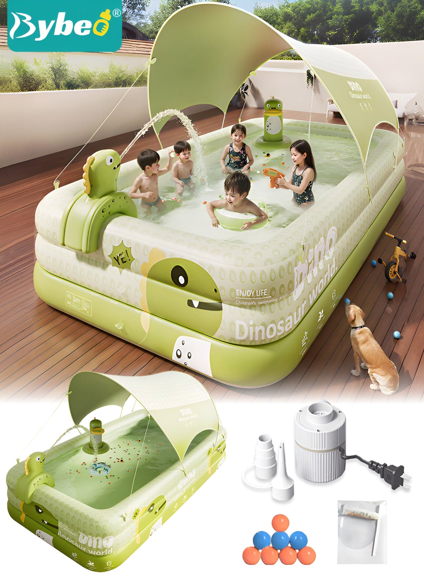 Inflatable Swimming Pool with Canopy for Kids Adult Family, Outdoor Backyard Garden Swimming Pools, Paddling Pool for Toddlers, Non-Slip Kiddie Pool Water Party with Electric Air Pump and 8PCS Ocean Balls