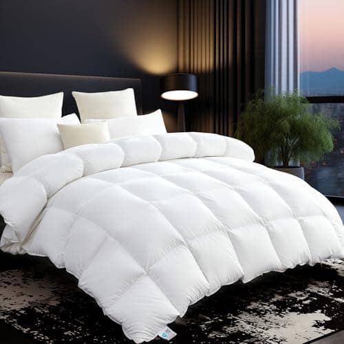 L LOVSOUL 75% Goose Down Fiber Comforter Queen Size, 850+ Fill Power Hotel Style Bedding Comforter, 1200TC, Fluffy Ultra Soft All Season White Duvet Insert with 8 Corner Tabs