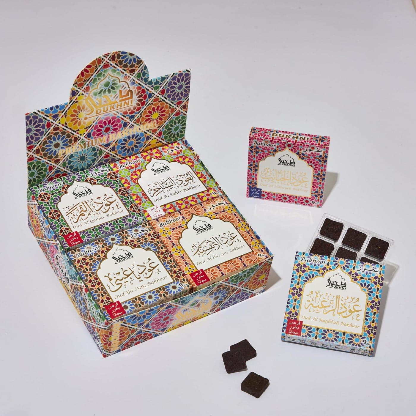 Oud Bakhoor Collection Set by Dukhni 12 Assorted Boxes 120 pc Bakhoor Refill Packs Arabic Incense Perfect for Prayer time Ramadan Eid Gifts hampers Long Lasting