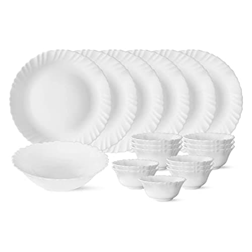 Larah by Borosil Silk Series Opalware Dinner Set | 19 Pieces for Family of 6 | Microwave & Dishwasher Safe | Bone-Ash Free | Crockery Set for Dining & Gifting | Plates & Bowls (White)