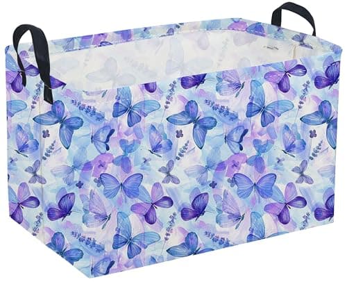 Sanjiaofen Rectangular Purple Butterfly BasketsFoldable Waterproof Outdoor Purple Gift Basket with HandleBaby Storage BasketGirls BasketsButterfly Room DecorCute Butterfly